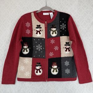 Vtg Ugly Christmas Sweater Large Petite Cardigan Snowman Holiday Winter Grandma